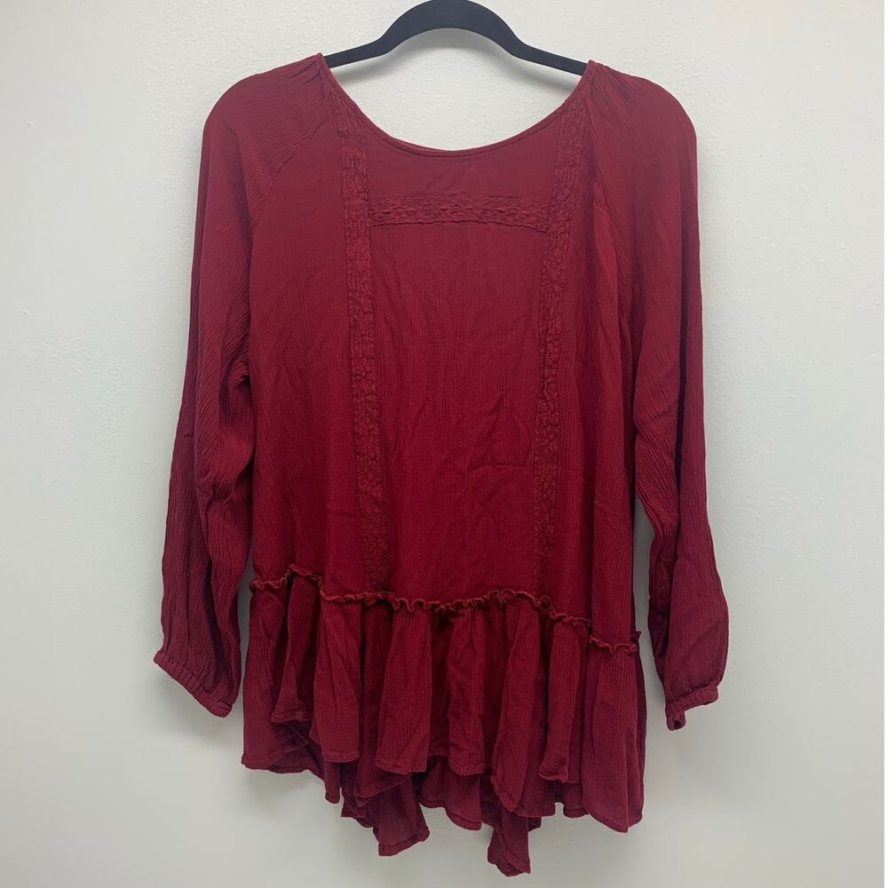 Maurices Blouse Women Plus XXL Burgundy Ruffle Long Sleeve Rayon Lace Hippie
